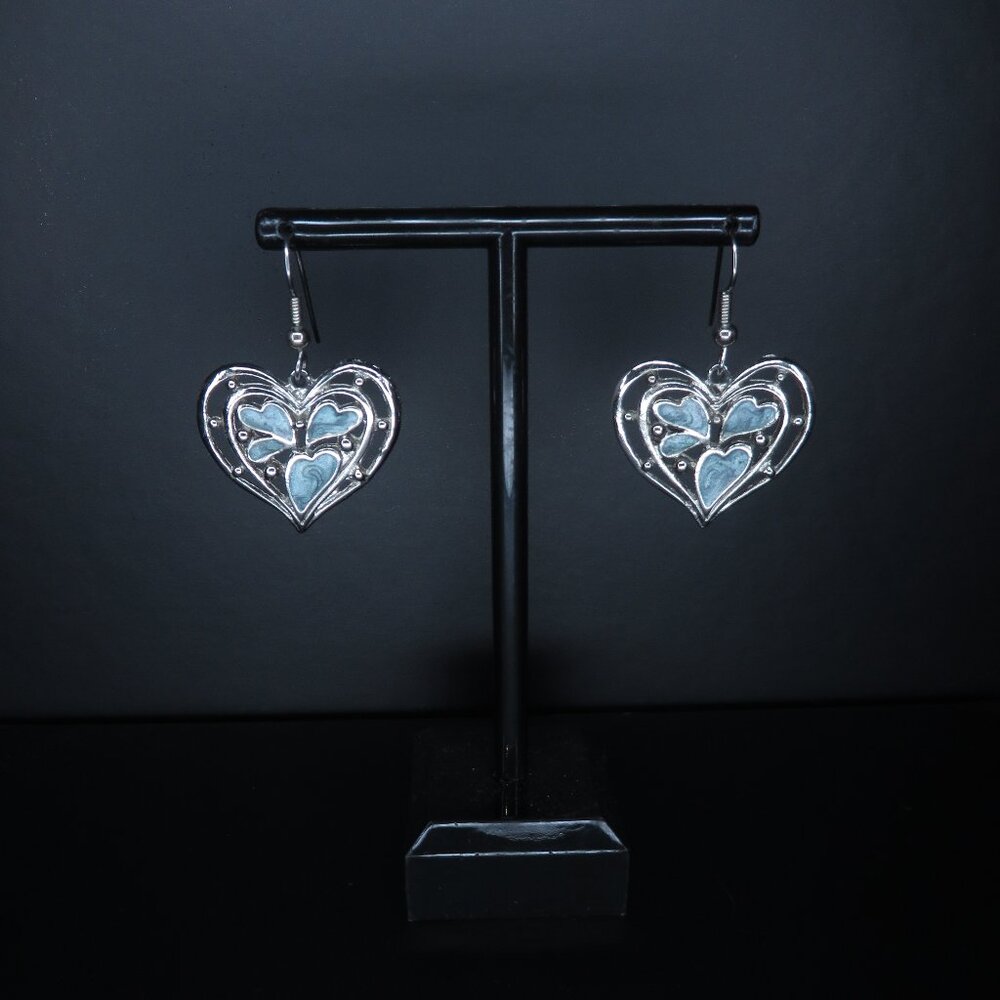 Silver Tone Hearts with Blue Accent Earrings